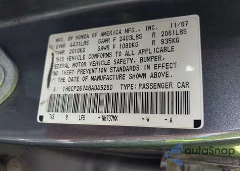 2008 Honda Accord 2.4 Ex from USA, damaged, VIN 1HGCP26748A045250